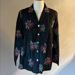 Laura Ashley Black oversized Silk Blazer floral embroidery beads button front M